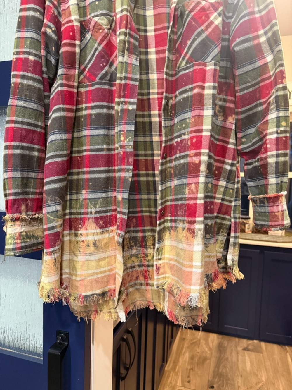 Distressed Red & Green Plaid Flannel Shirt Jacket - Picture 3 of 4